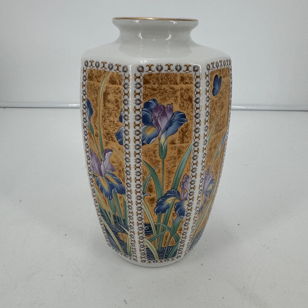 Golden Mist Octagon Vase Porcelain Irises w/ Blue & Gold Designs 7.5” Tall